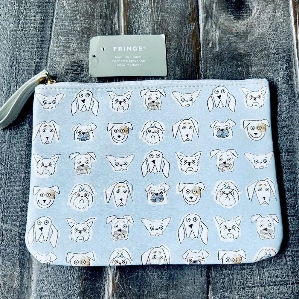 Fringe Blue Dog Faces Zipper Travel Makeup Bag Medium Pouch